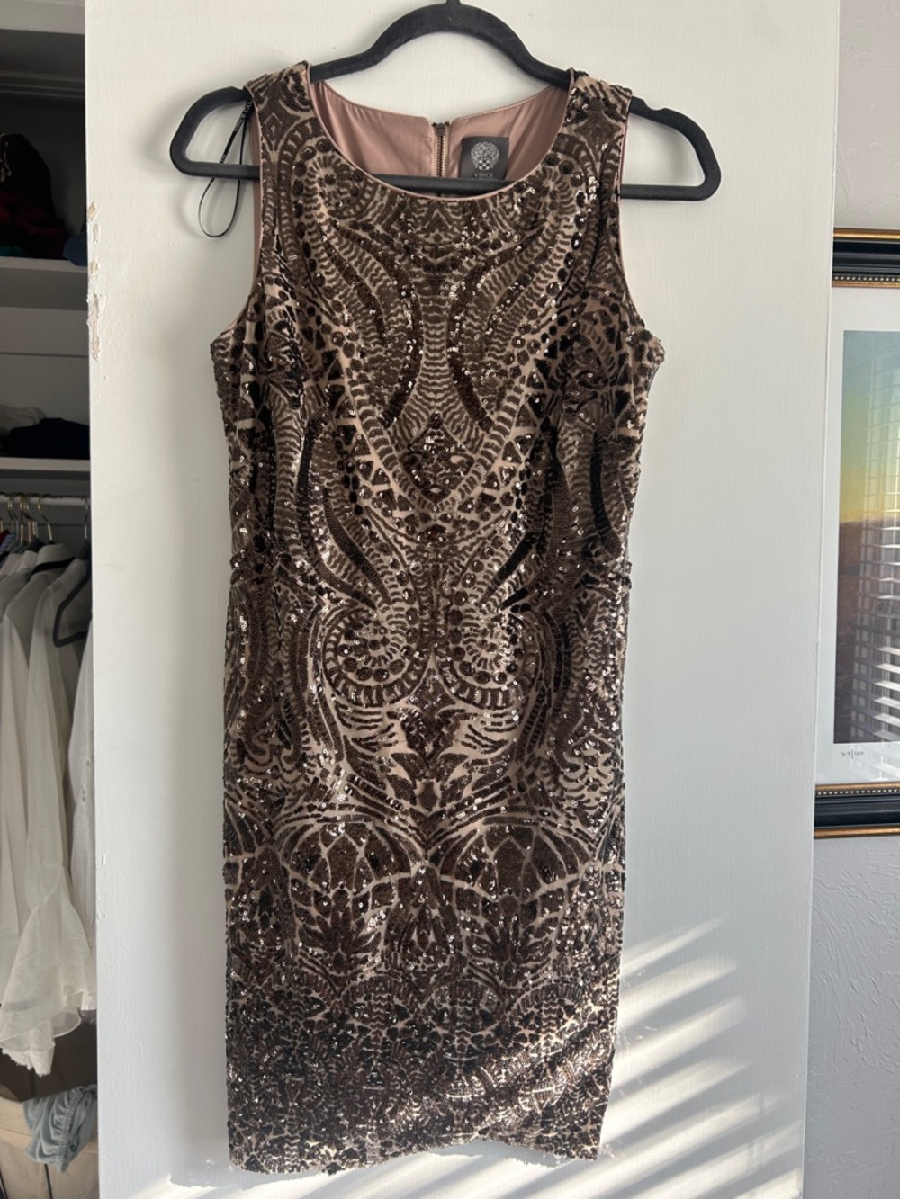 Vince Camuto Brown Sequin Velvet-Patterned Midi Sheath Dress